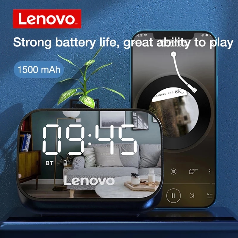 Lenovo TS13 Bluetooth Speaker Wireless Bluetooth Music Player Digital clock Mirror Screen Digital Alarm Clock Multifunction LED Table Clock 3D Surround Portable Mini Bass Stereo Subwoofer