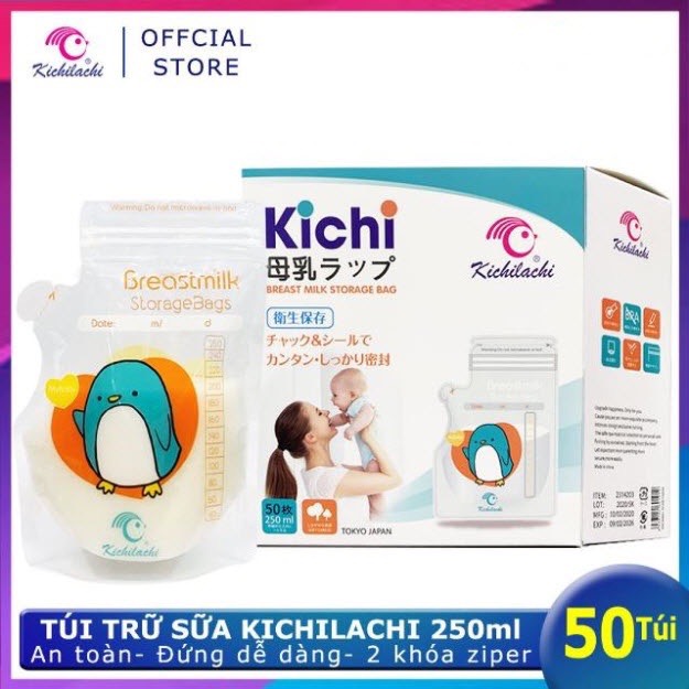 Túi trữ sữa Kichilachi 250ml không BPA, hộp 50 túi, túi đựng sữa mẹ an toàn cho bé, có zipper 2 đầu thumbnail