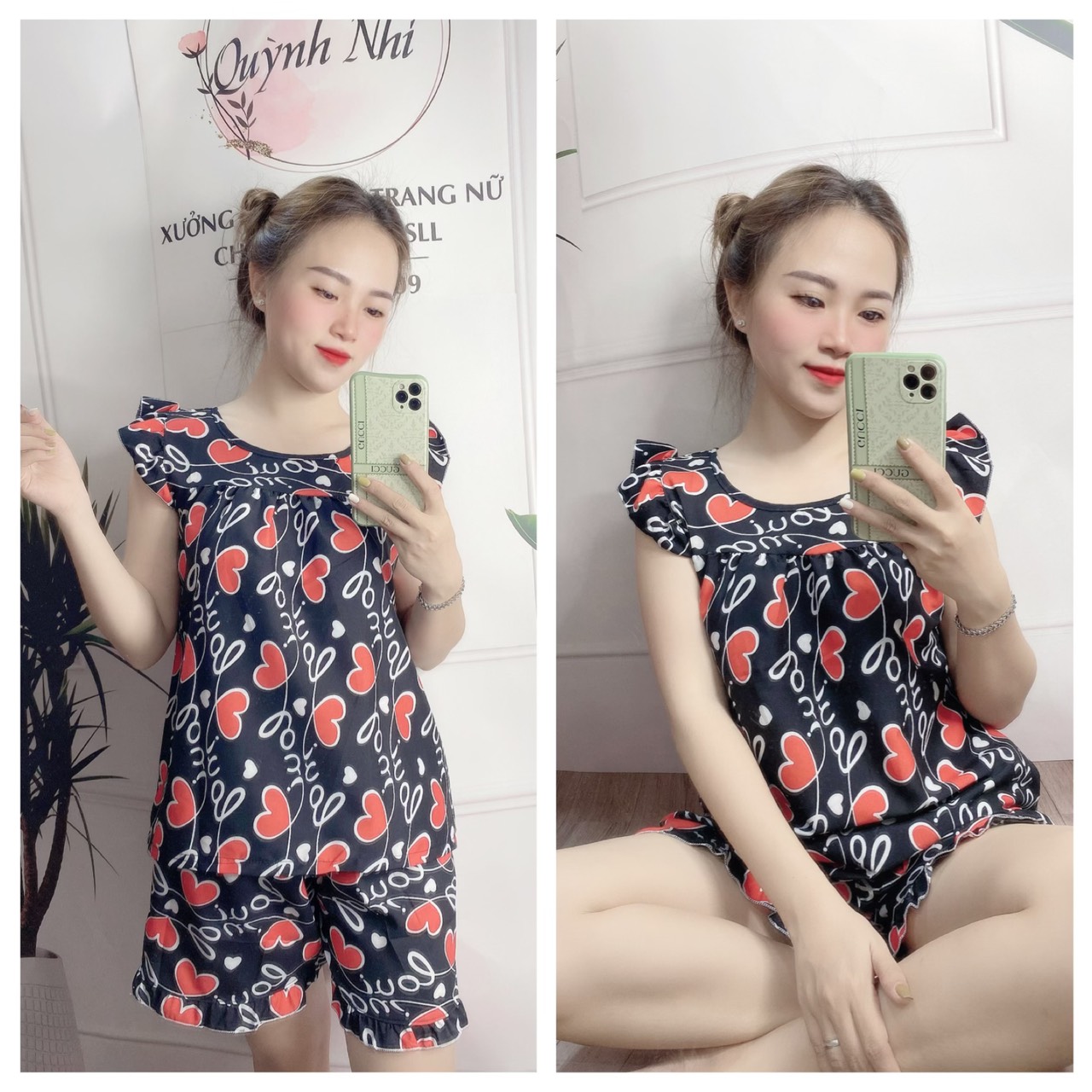 Đồ bộ lụa đùi mặc nhà họa tiết trái tim love dễ thương size 40-75kg - tl39