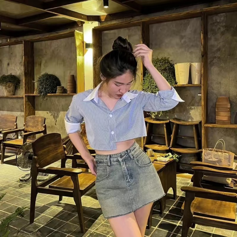 áo sơ mi croptop Եà lệnh tay dài phối cổ cá tính