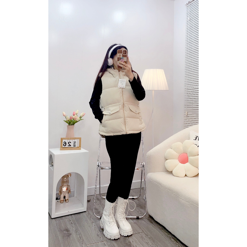 Áo phao gile nữ có mũ dây rút eo