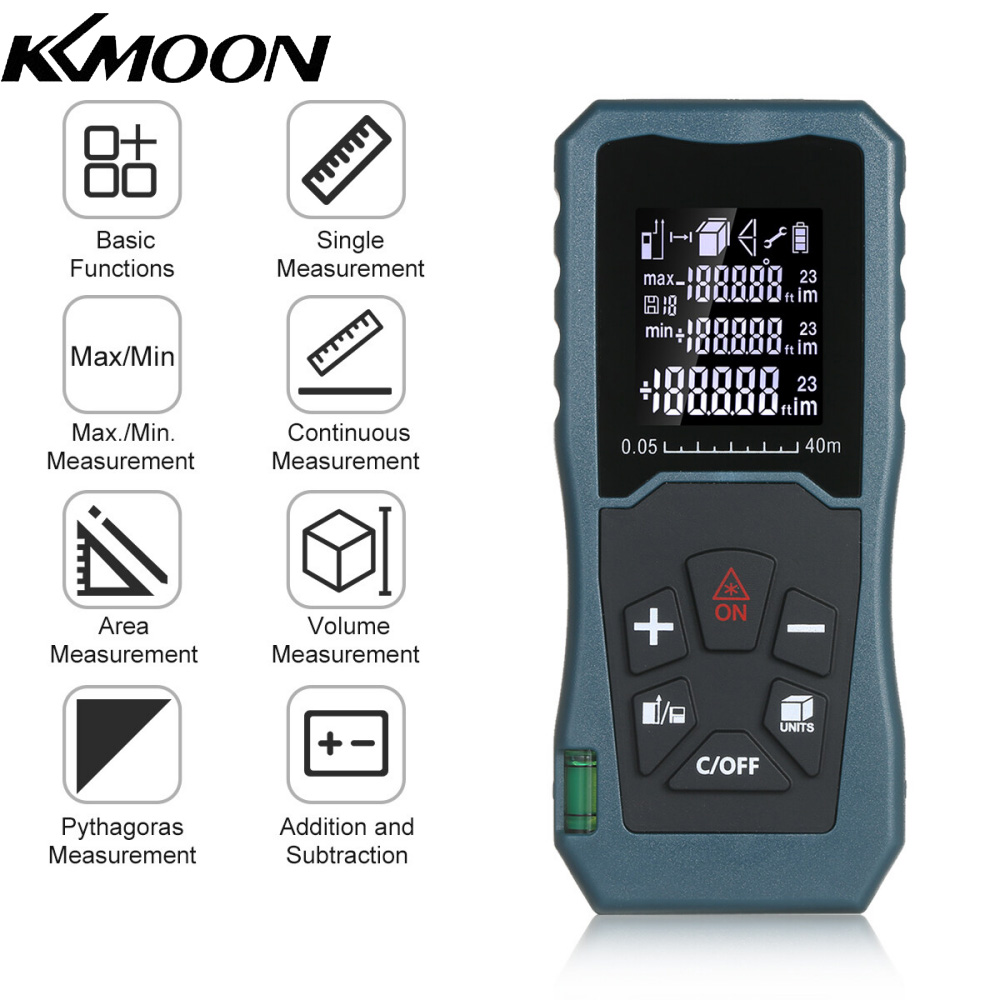KKmoon La-ser Distance Meter Handheld 1.6-inch LCD Diastimeter Bubble Level Pythagorean Mode Measure Distance Area and Volume