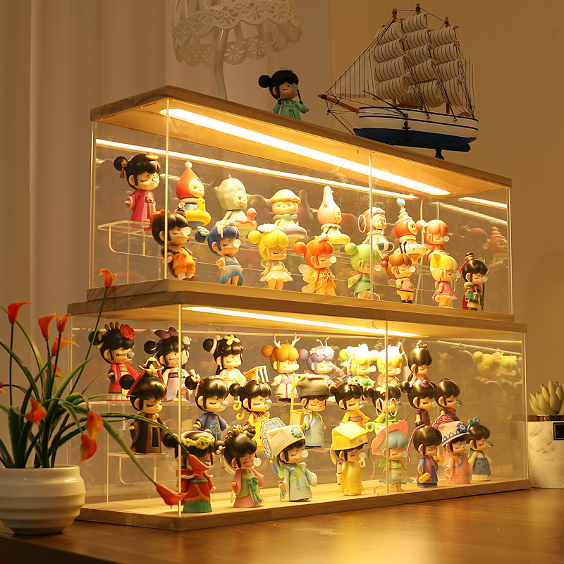 XMDS💖 Hộp đồ chơi sưu tập lưu trữ Giá trưng bày bong bóng Mart búp bê lưu trữ hộp Acrylic trong suốt chiếu sáng tủ trưng bày tay gỗ đặc bằng nhựa acrylic đơn giản