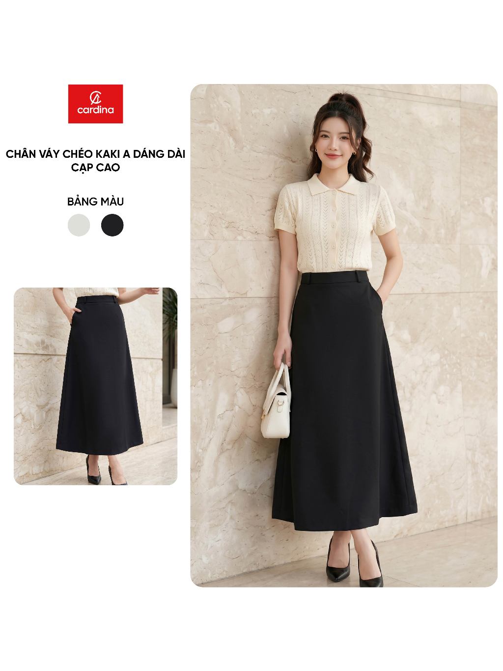 Chân váy nữ CARDINA chất liệu chéo kaki dáng A dài cạp cao 6CVA01