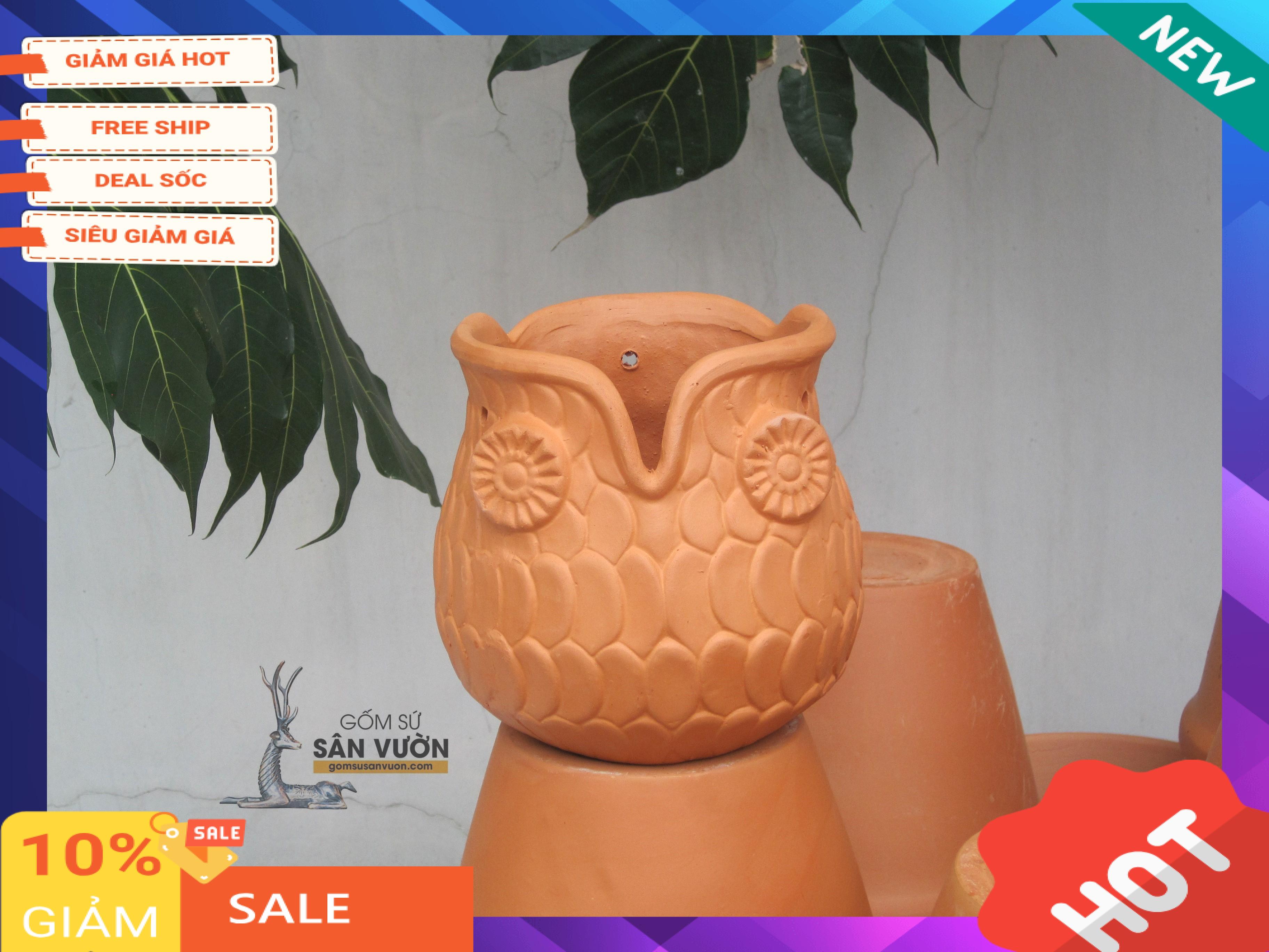 Chậu Treo Gốm Đất Nung Hình Cú - Gốm Sứ Sân Vườn