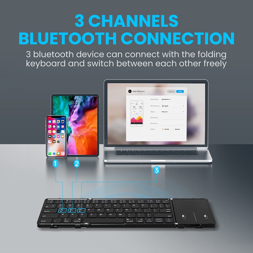 Seenda Foldable Bluetooth Keyboard With Touchpad Portable Rechargeable Tri-Folded Ultra Slim Wireless Keyboard Support 3 Devices