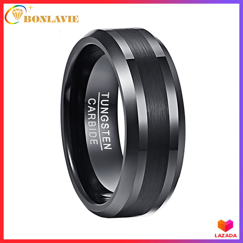 8mm Black Mens Wedding Engagement Band Brushed Center Tungsten Carbide Ring Beveled Edge Comfort Fit Size 7-12