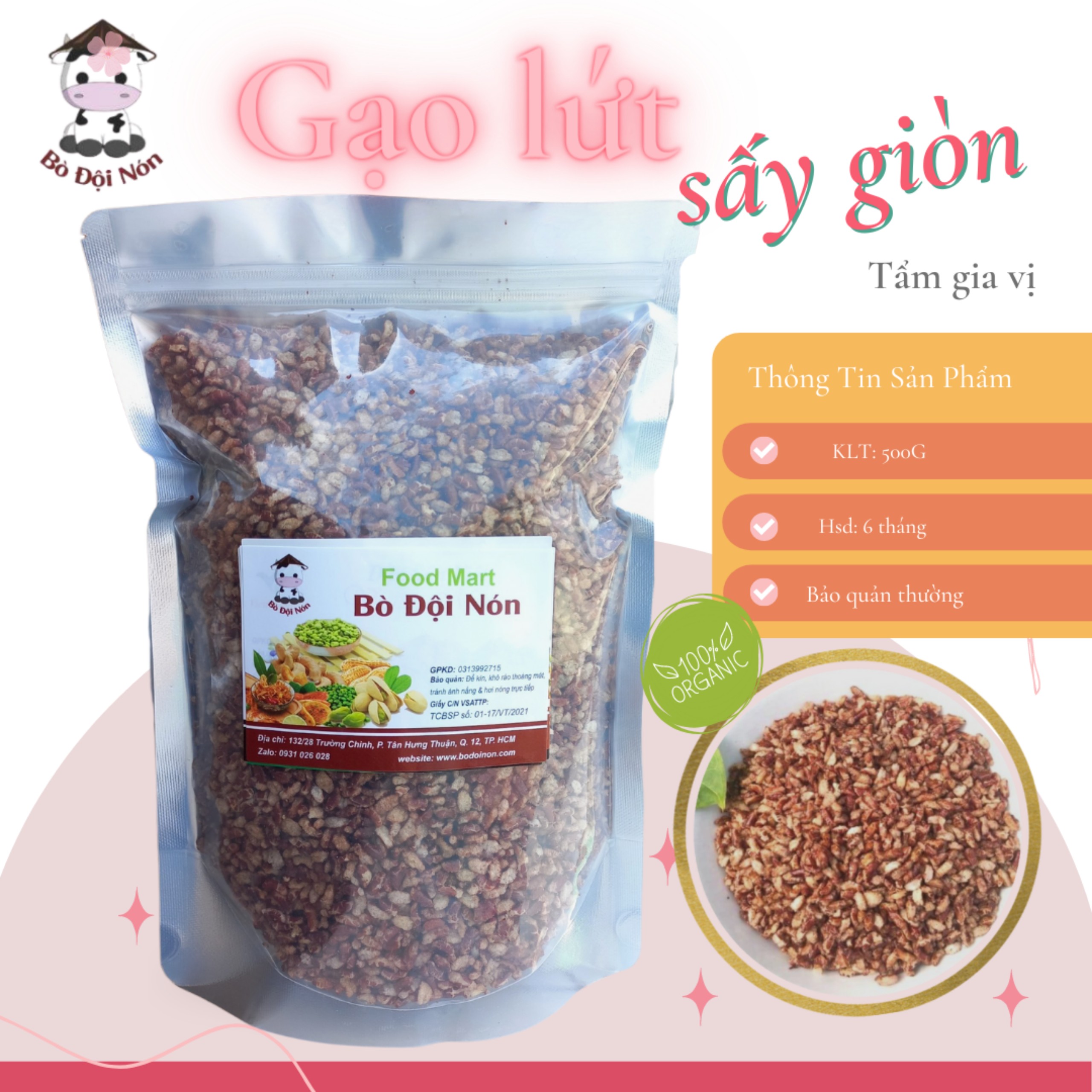 500g gạo lứt sấy tẩm gia vị bò đội nón