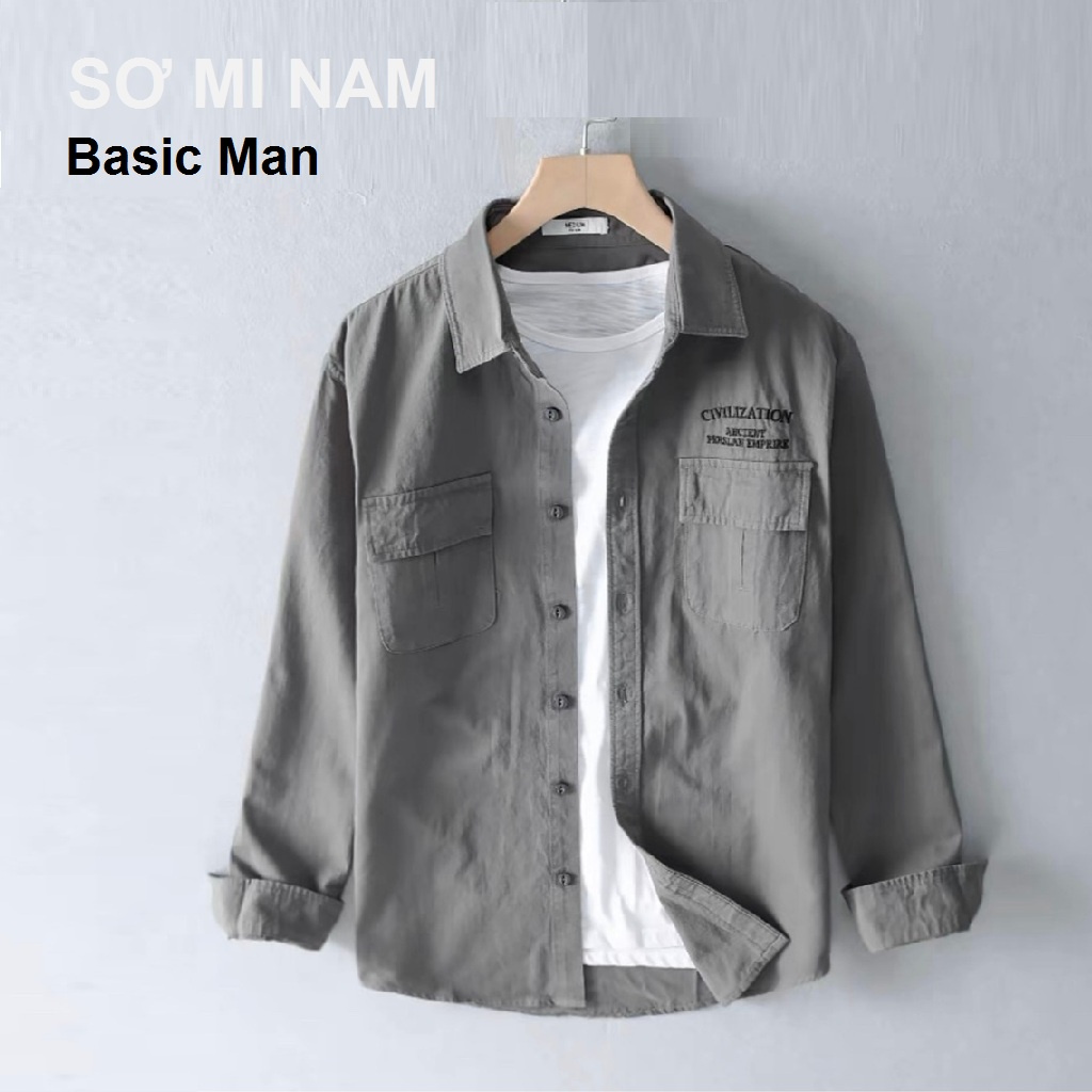 Áo kaki nam BASIC MAN dáng sơ mi trơn phối túi nắp 2 bên
