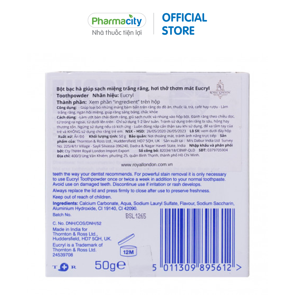Bột đánh trắng răng Eucryl vị bạc hà (50g)