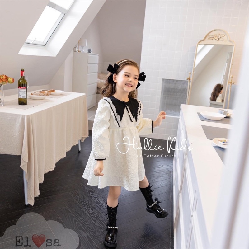 Váy đầm trắng cổ dập ly tiểu thư cho bé gái