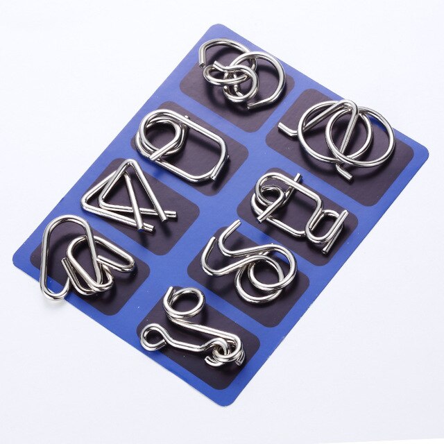 8PCS/Set IQ Metal Puzzle Brain Teaser Intelligence Solution Ring Montessori Puzzles for Children Adults Anti-Stress Fidget Toy