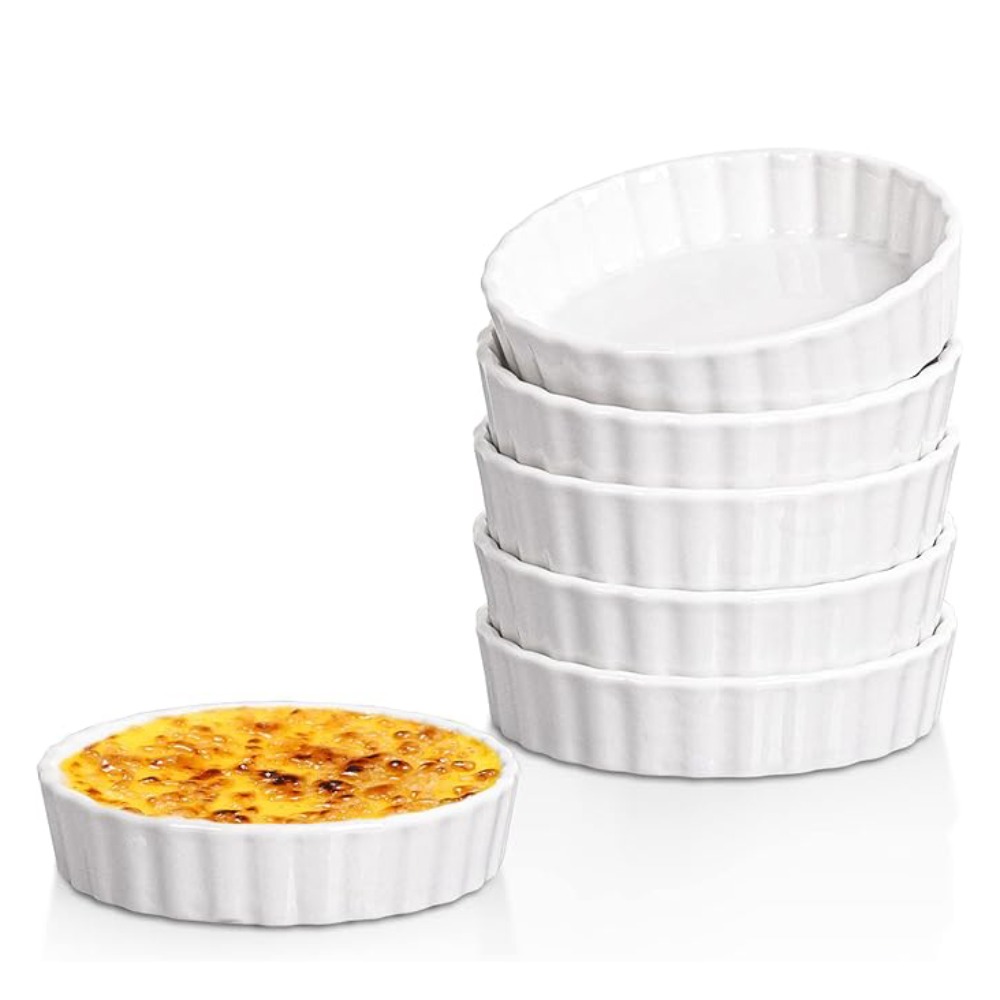 6pcs Individual Serving Ceramic Creme Brulee Ramekins Shallow Round Tart Baking Pan White Pie Baking Tray Pudding.