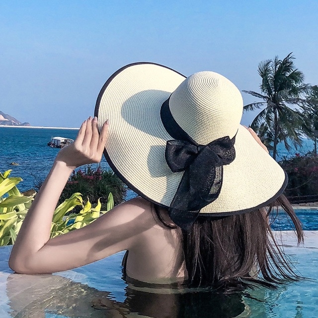 Nón mũ đi biển vành rộng nữ có nơ