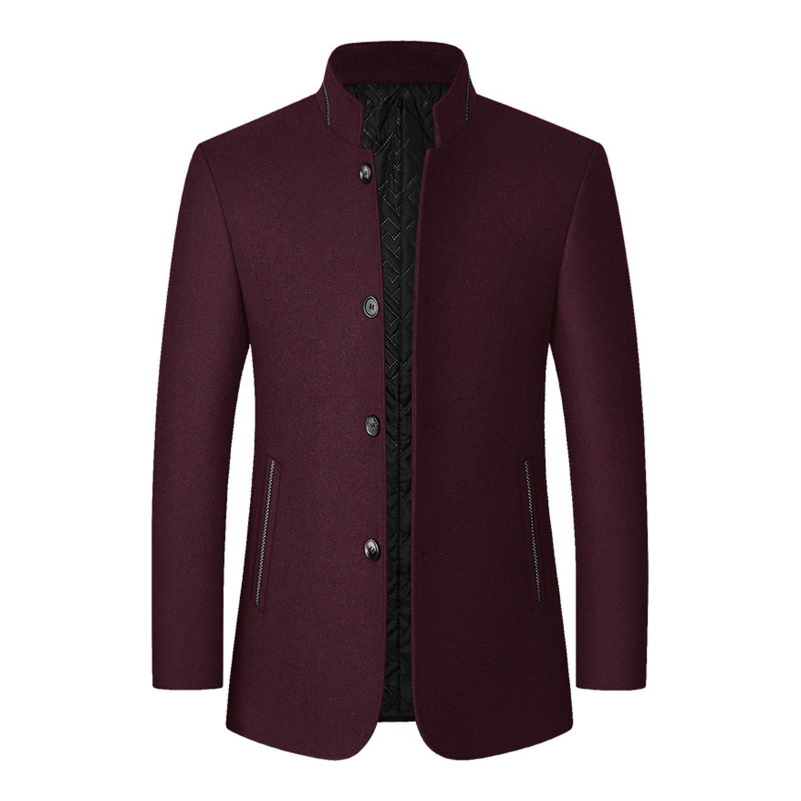 Men Woolen Coat Stand Collar Solid Color Windproof Autumn Winter Thicken Trench Coat Overcoat Business Windbreaker Streetwear