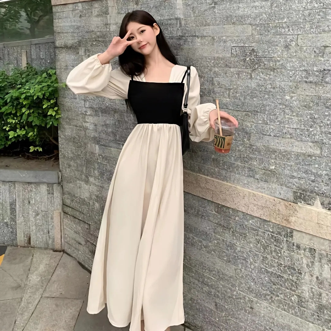 Women's Summer Square Neck Fake Two Piece Long Dress