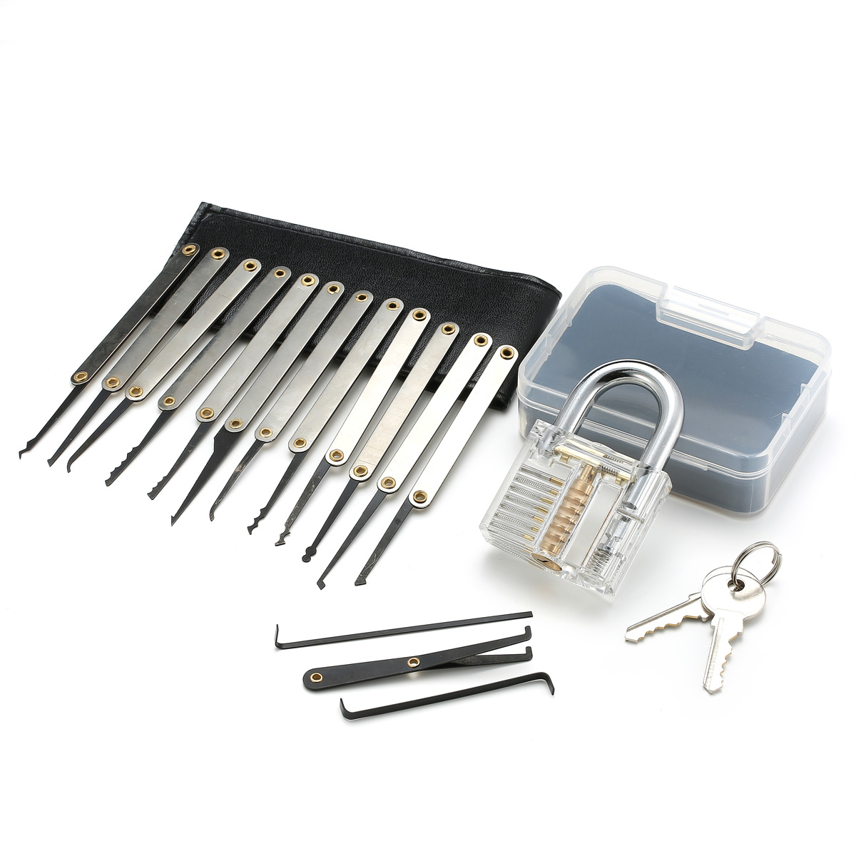 15Pcs Lock Opening Tools Lock Picks Set Key With Transparent Practice Padlock Household Lock Pick Set Unlocking Tool Durable Practical Key Extractor Tool