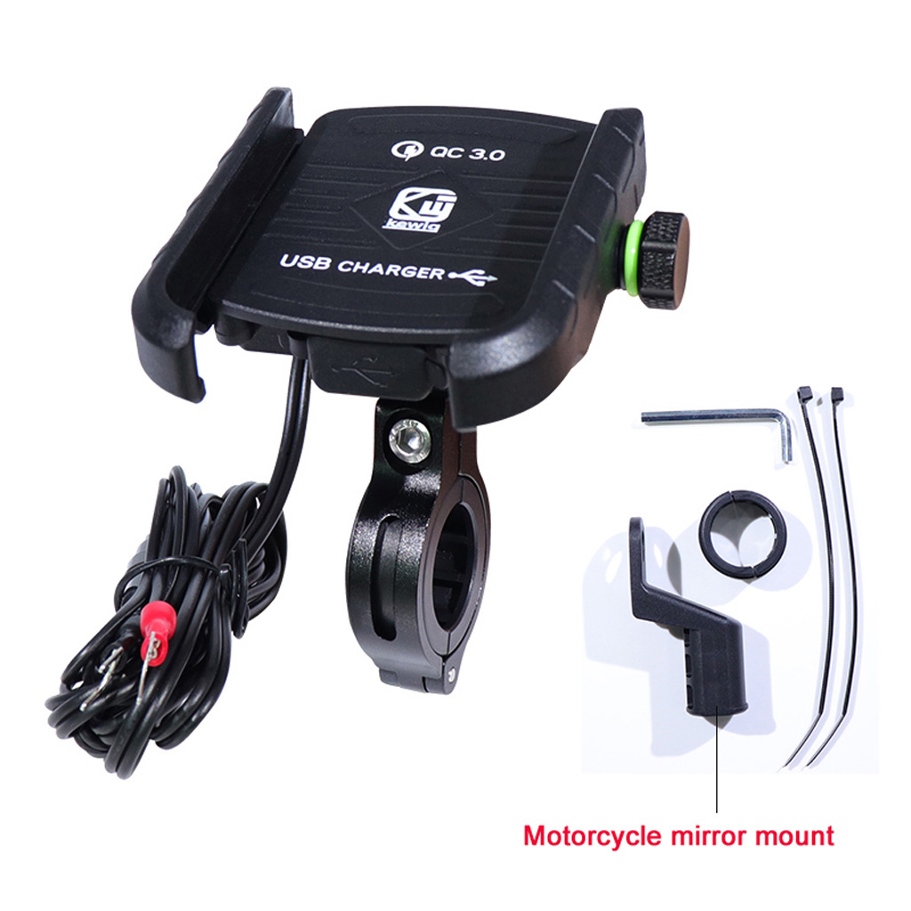 Waterproof Motorbike 360° Motorcycle Handlebar Mirror Cell Phone Mount Holder with for QC 3.0 USB Charger for Smartphon