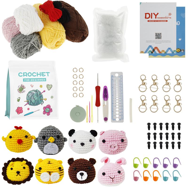 8Pcs Crochet Kit for Beginners Complete Crochet Knitting Kit Adorable Animal Crochet Starter Pack with Keychain Step-by-Step Video Crochet Kit Complete Crochet Kit