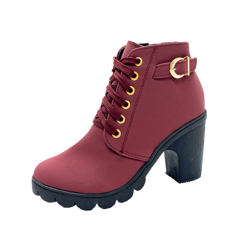 2023 Autumn New Round Toe Naked High Heel Lace up Solid Martin Boots Women's Shoes