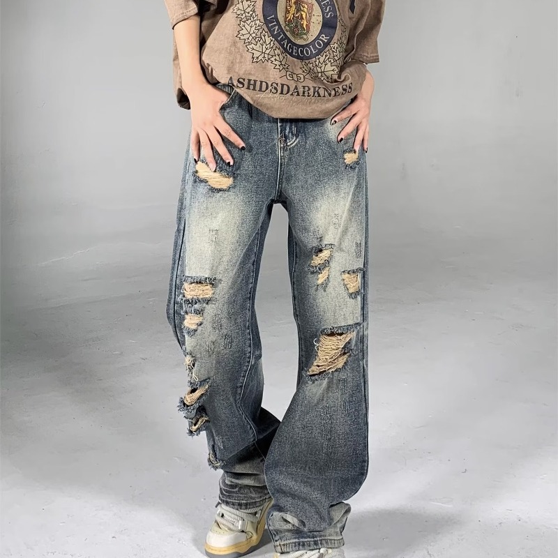 LIVE GREAT American vintage ripped jeans men's ins straight trousers