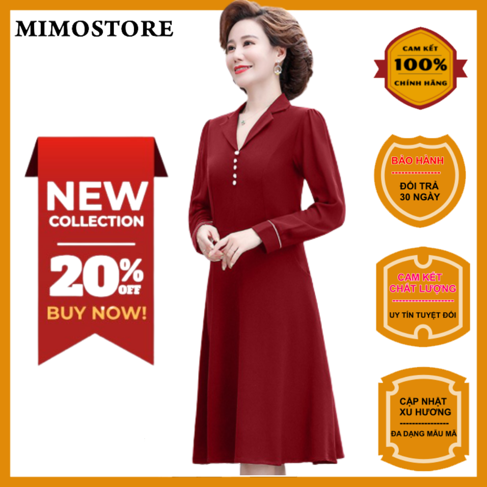 Đầm trung niên dự tiệc sang trọng cho mẹ U40 U50 cổ sơ mi chất voan không họa tiết dài tay dáng suông dài đến cổ chân phù hợp mặc dịp party phân loại thời trang thường ngày sản xuất tại việt nam LZ.01288R