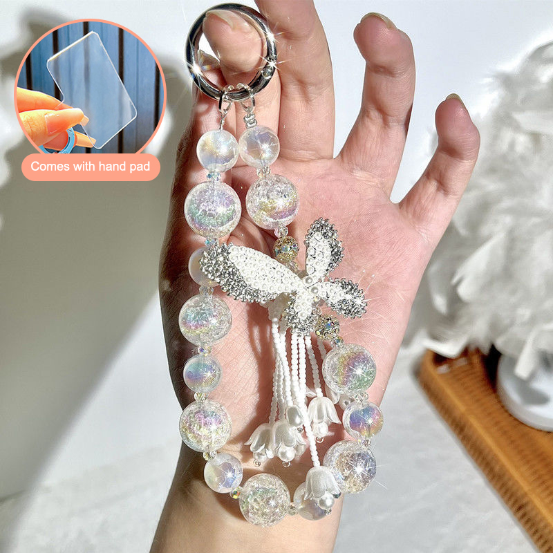 Y2K Aesthetic Butterfly Beads Phone Lanyard Korean Beaded Phone Chain Wristband Keychain Camera Charm Earphone Case Pendant