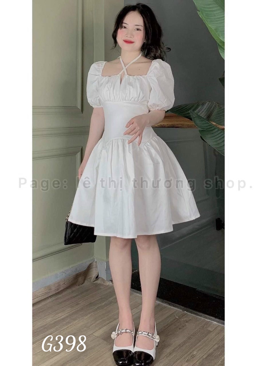 Đầm xoè tay phồng kết hợp dây cổ kiểu dáng xinh xắn tiểu thư voan lụa G398