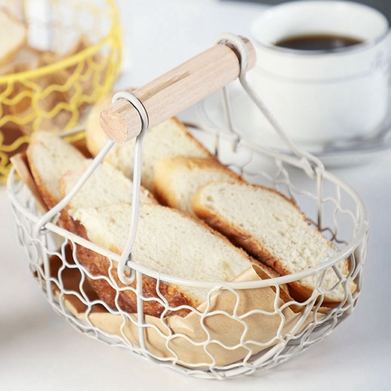 Wooden Handle Metal Retro Basket Portable Multi-Function Vegetable Fruit Egg Groceries Practical Storage Basket Organizer