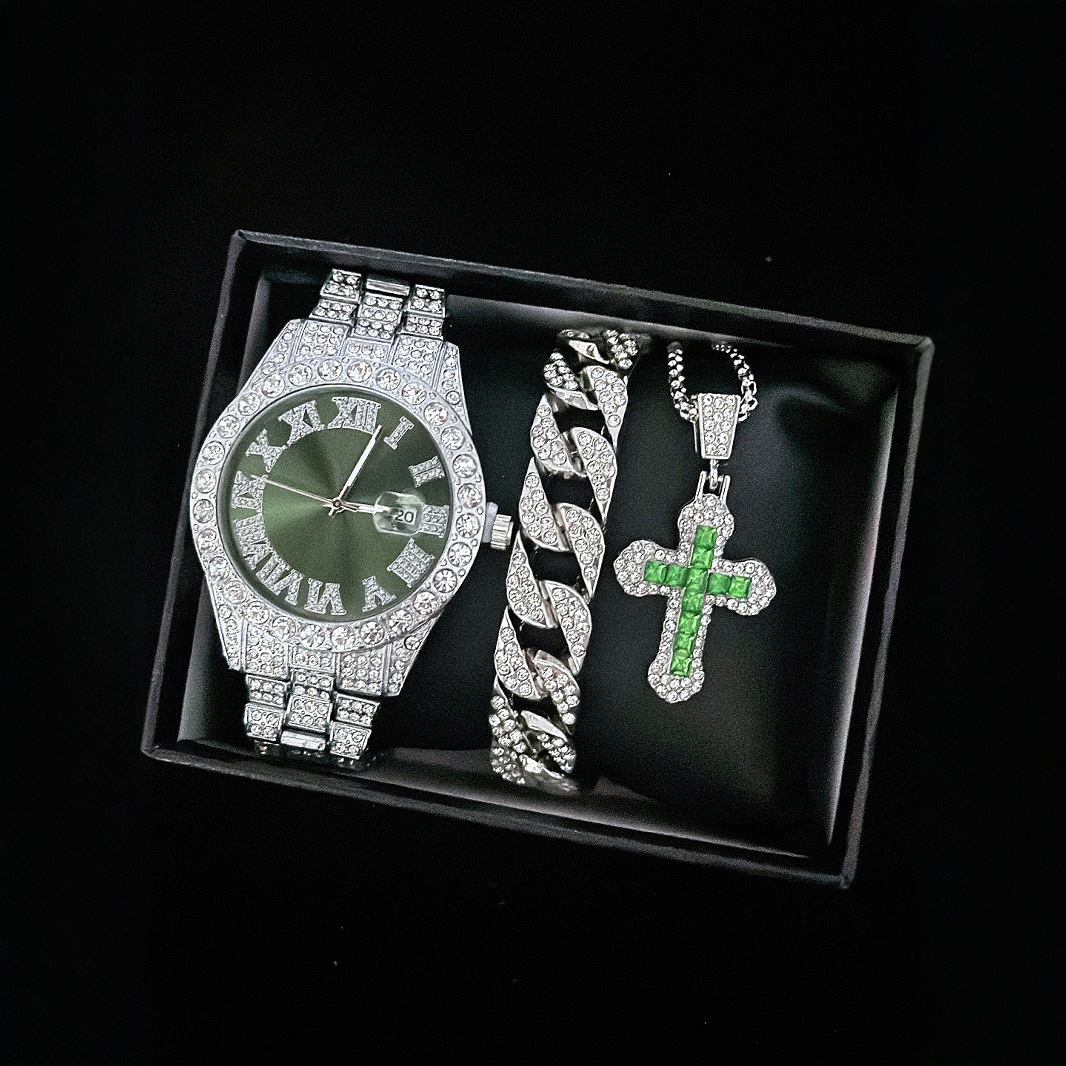【Exclusive Offer】New Cross-Border Water Ghost Diamond-Embedded Men's Watch with Roman Scale and Calendar - Gold Watch Set.