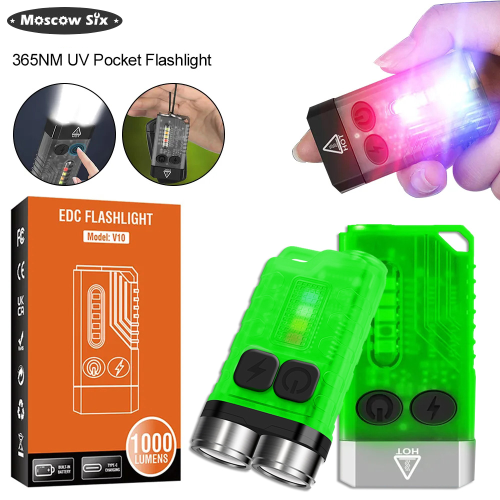V10 Portable Alarm Camping Light USB Type-C Charging Mini Strong Light Flashlight IPX4 Waterproof 1000LM Magnetic Buzzer Red Light SOS for Camping