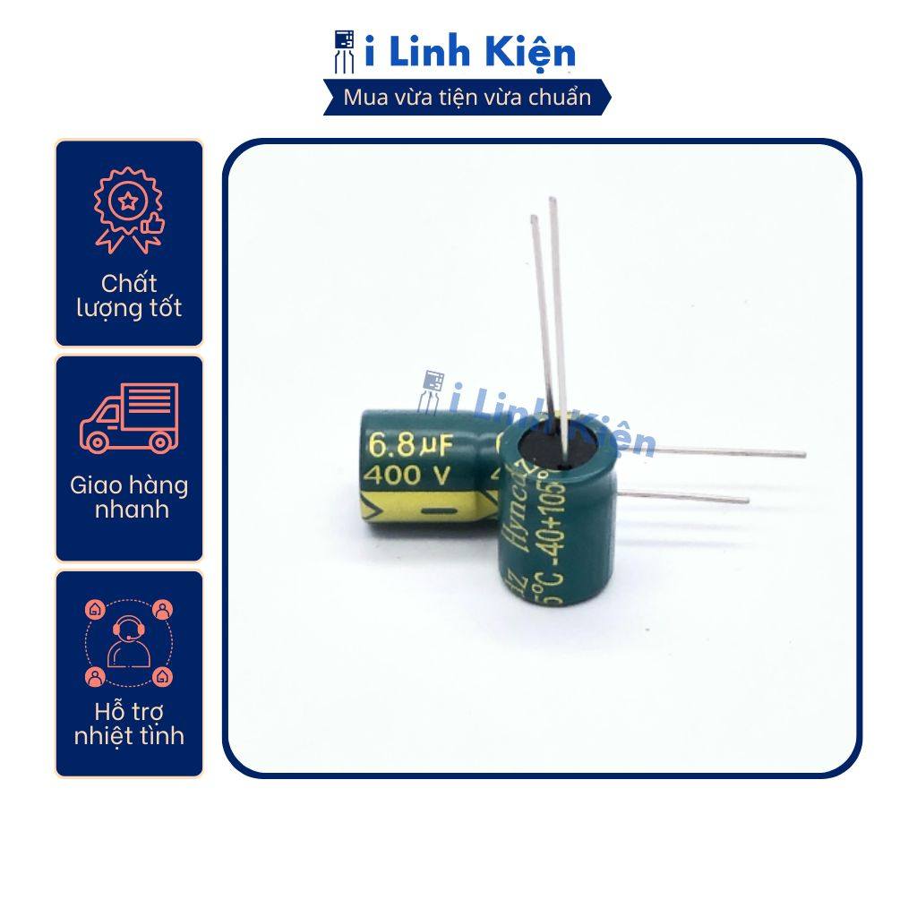 Tụ hóa 400v 6.8uf 6x15mm tần số cao chất lượng tốt.