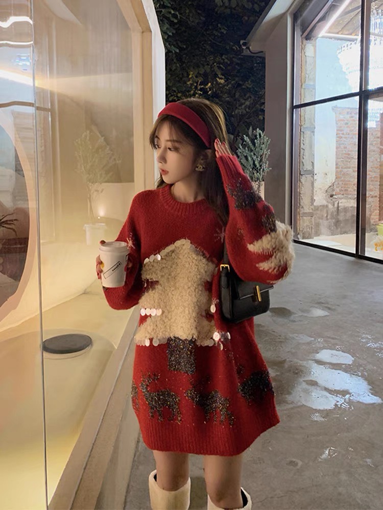 MS1304 Áo len Noel nữ oversize, áo len Giáng sinh cây thông