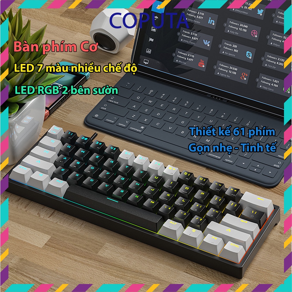 Bàn phím cơ Coputa bàn phím máy tính gaming laptop mini full LED 61 phím có dây K620