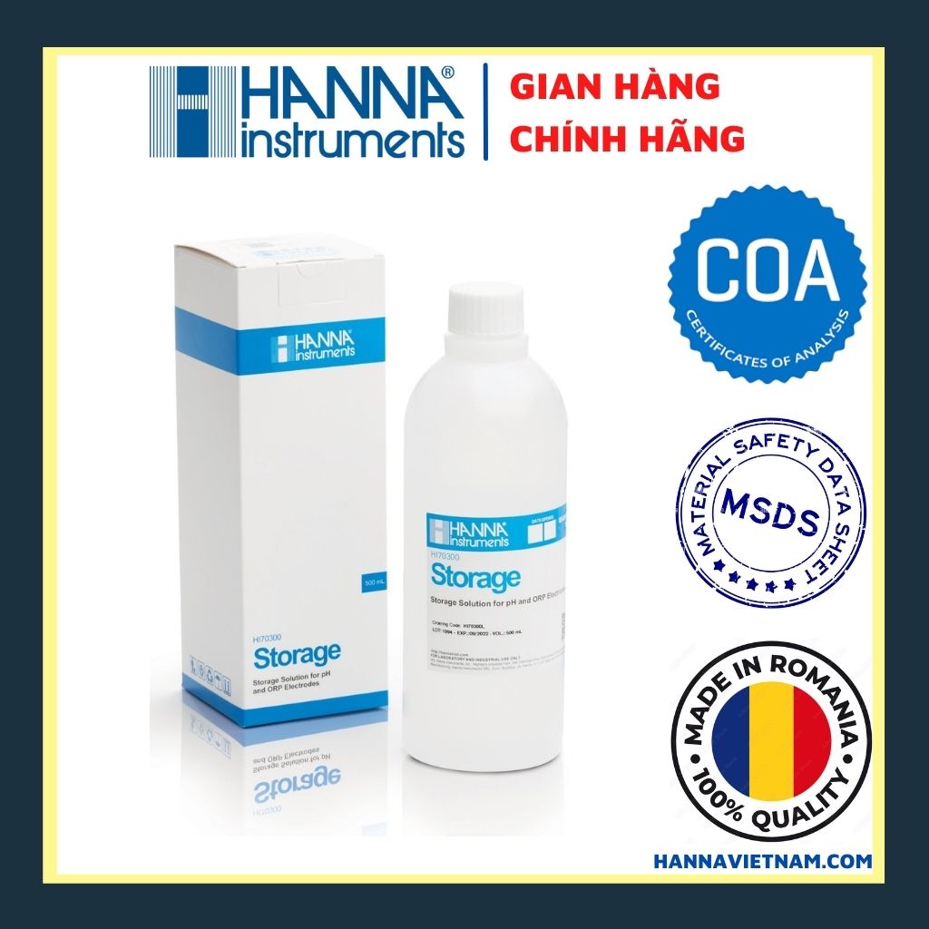 Nước Bảo Quản Điện Cực pH và ORP , Có Thể Dùng Cho Bất Kỳ Điện Cực pH Nào Hanna HI70300L, 500mL - HÀNG CHÍNH HÃNG