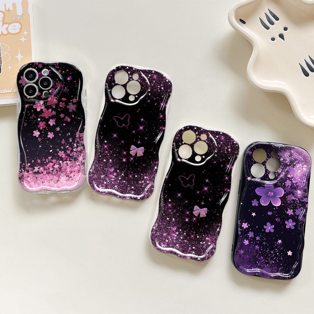 Jizetin for Infinix Smart 8 Hot 40i Spark Go 2024 Spark 20 20C Pop 8 Back Cover Pink Purple Glitter Cream Wavy Edge Soft Silicone Phone Case. 