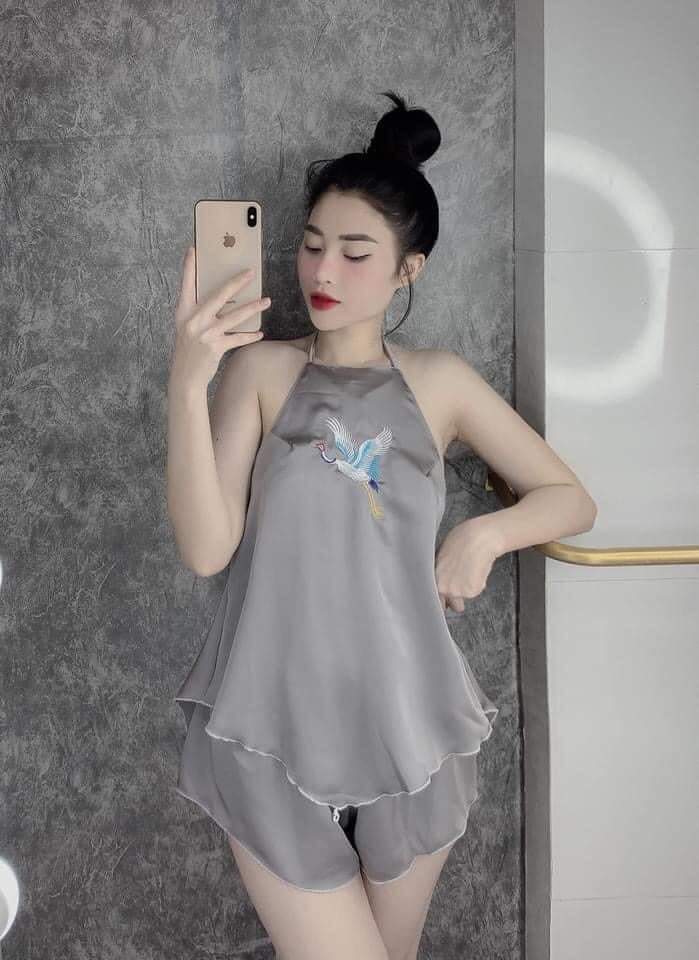 Set đồ nữ sexy -bộ ngủ lụa satin yếm đùi sexy thêu hạc Freesize < 58Kg