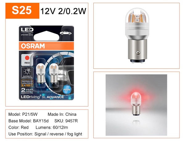 Đèn hậu (phanh, stop) Led Osram S25 P21/5 - Bảo hành 2 năm