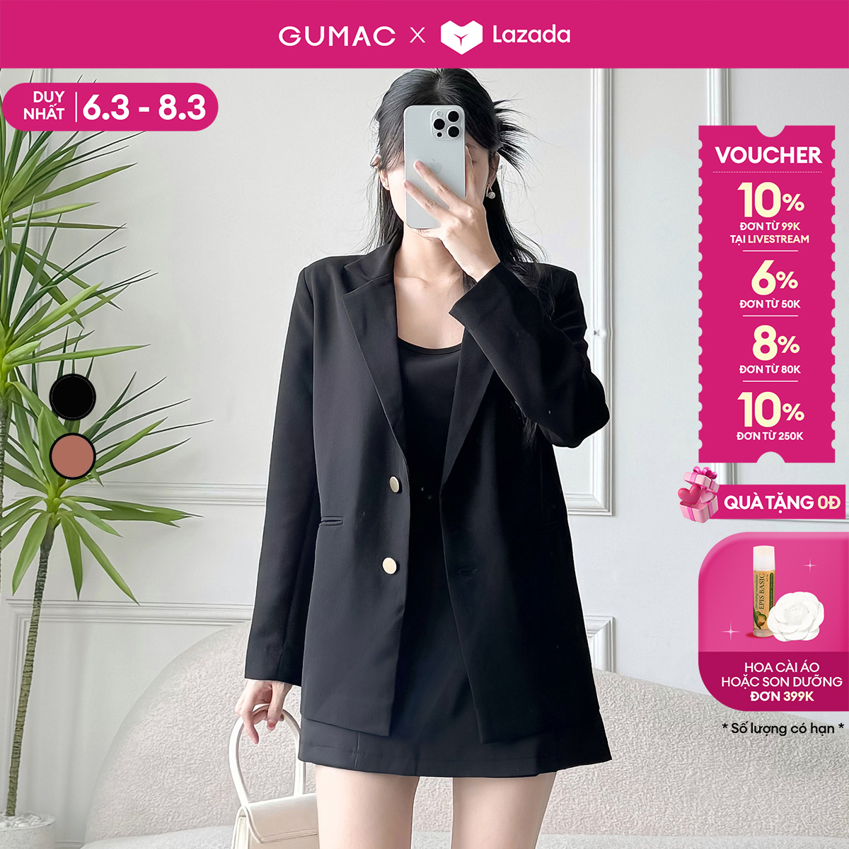 [25-29.6 |Voucher 10-18%] Áo Blazer nữ dáng rộng may một lớp đính nút bọc có đệm vai thời trang GUMAC LOWE0306 - LOWF1015
