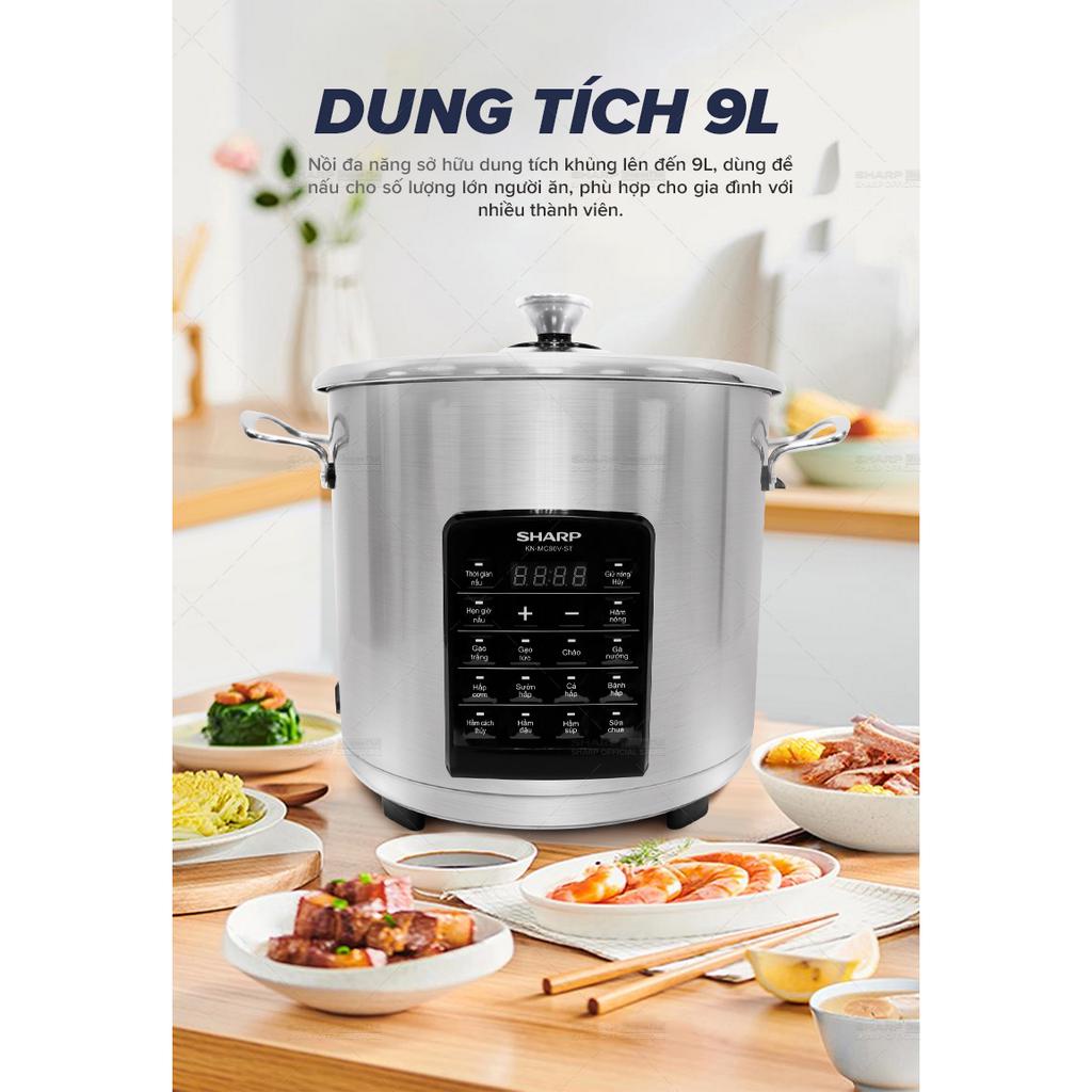 [ GENUINE SHARP ] Sharp Multifunction Cooker 9L Capacity, Stainless Steel Material Good Heat Resistant, 13 Pre-programmed Cooking Functions, Comes With 3 Accessories Porcelain Pot, Stainless Steel Steamer Tray, Stainless Steel Rack, Glass Cover Strong Str