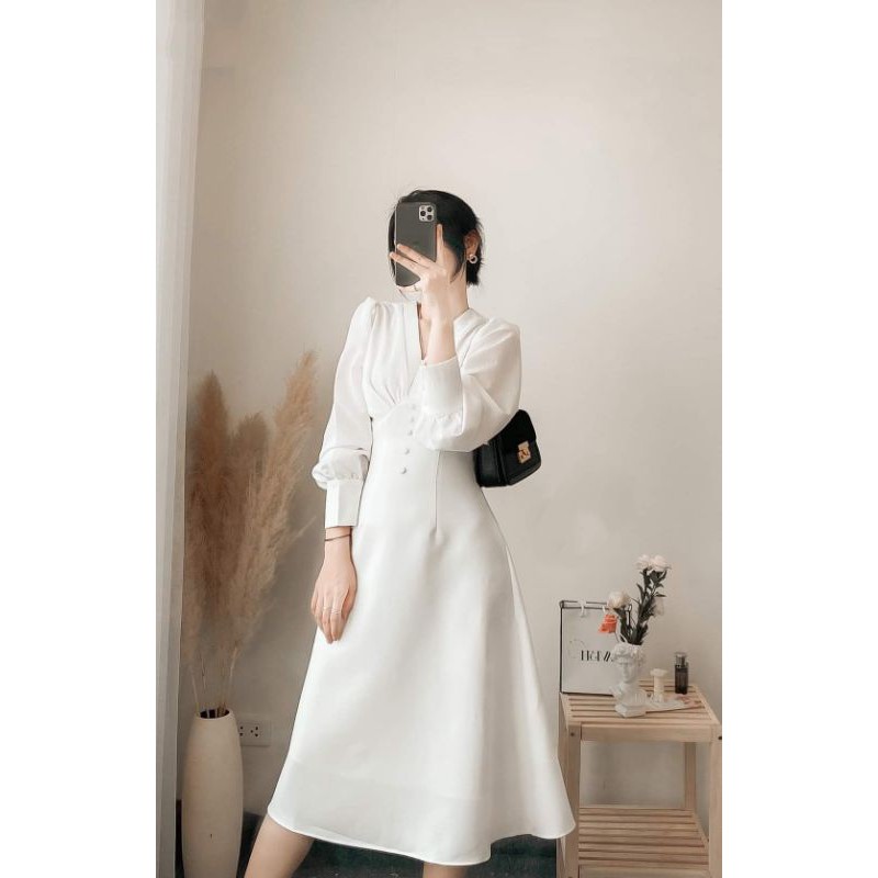 Đầm dự tiệc cổ v tay dài nút bọc thanh lịch sang trọng ngoctranshop - nt8359
