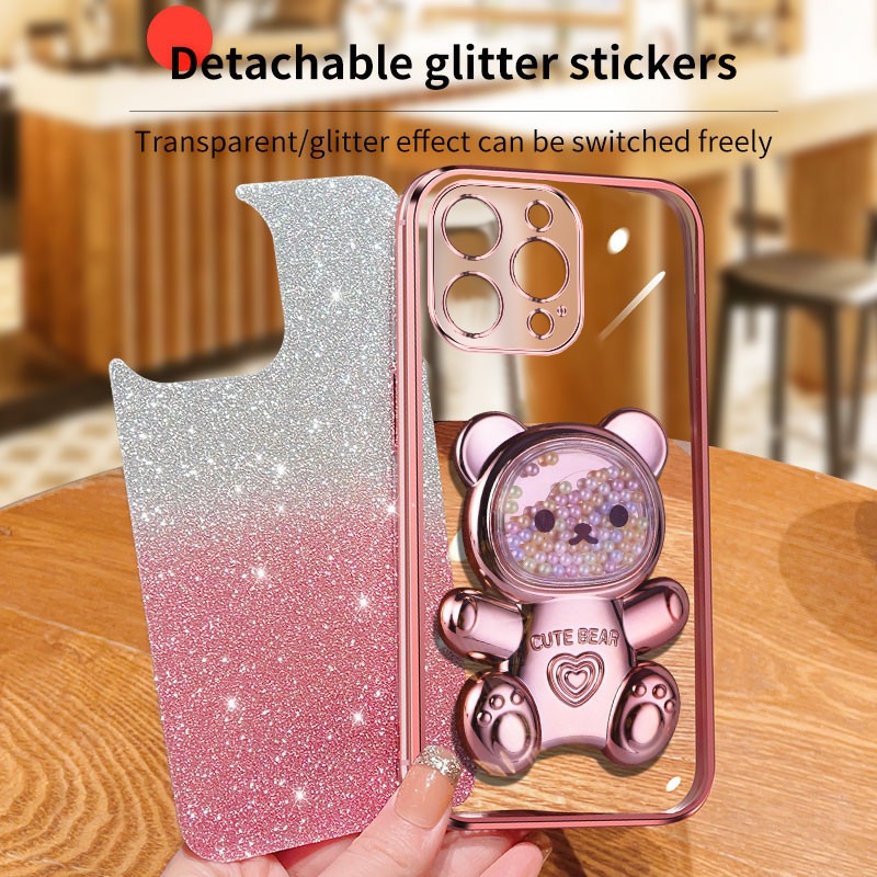 New Phone case Motorola Moto G45 Back cover with Gradient 3D Bear Folding Stand Bracket Luxury Slim 6D Plating Glitter Girls for Motorola G45 case. 