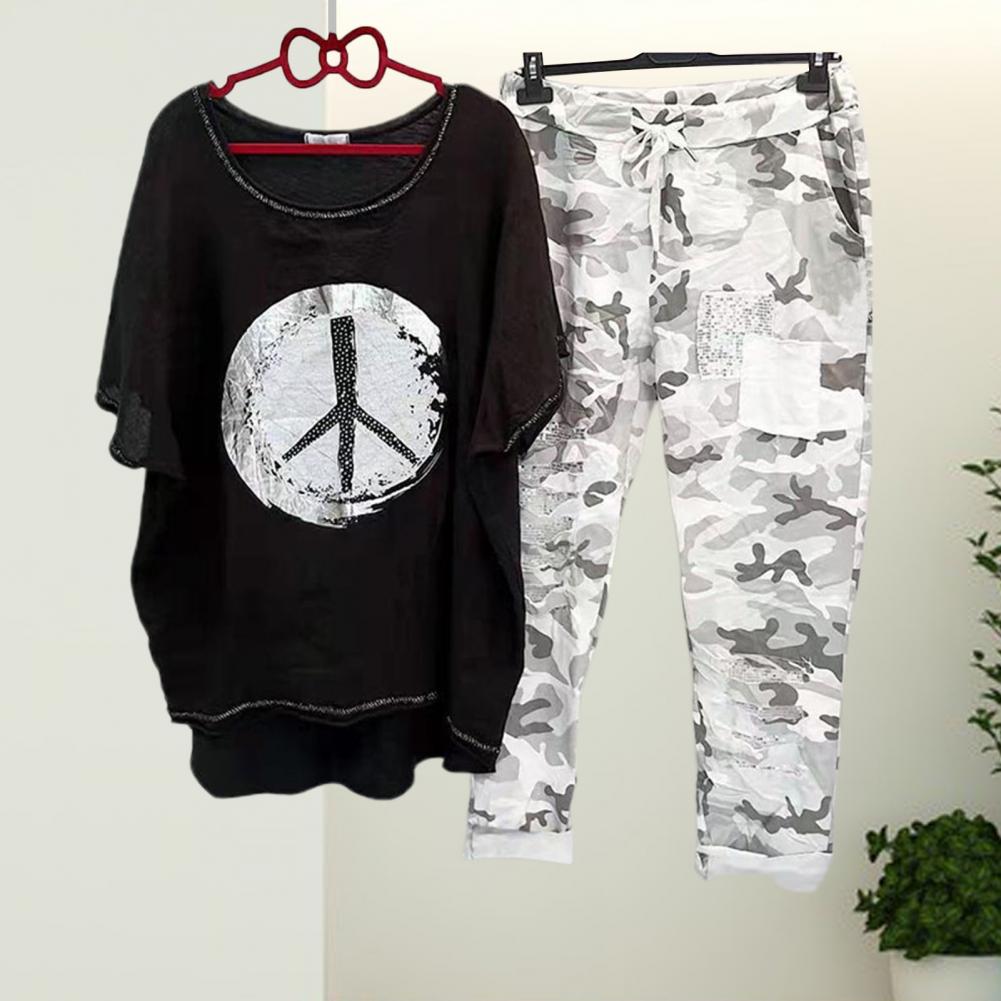 1 Set T-shirt Pants O-Neck Two Piece Set Asymmetrical Lace-up T-shirt Pants. 