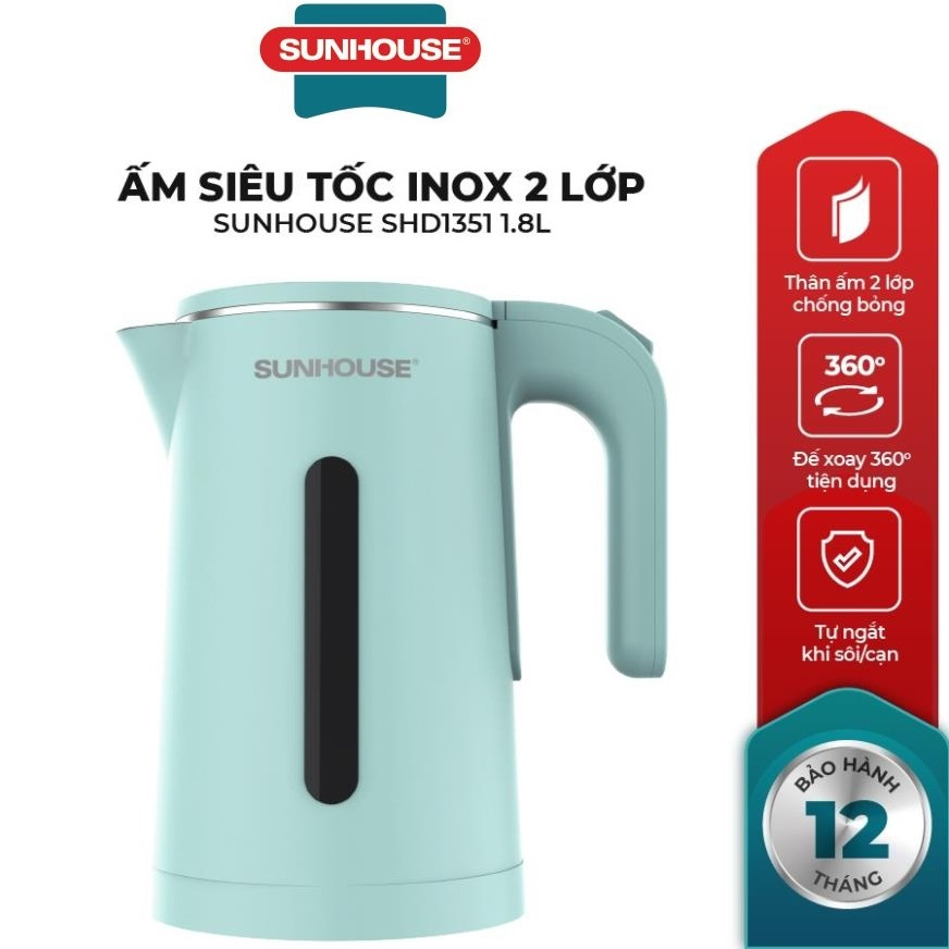 Ấm siêu tốc inox 2 lớp 1.8l sunhouse shd1351