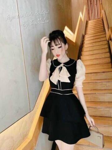 Váy đen cổ nơ bèo tiểu thư, đầm thiết kế dáng xoè siêu xinh freesize dưới 60kg_technology fashion_ma78