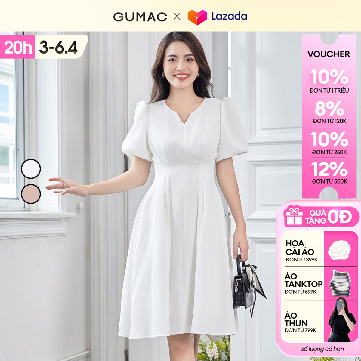 [15 - 17.6 |Voucher 8-15%] Đầm nữ tay bí chiết ly thời trang GUMAC DD12093