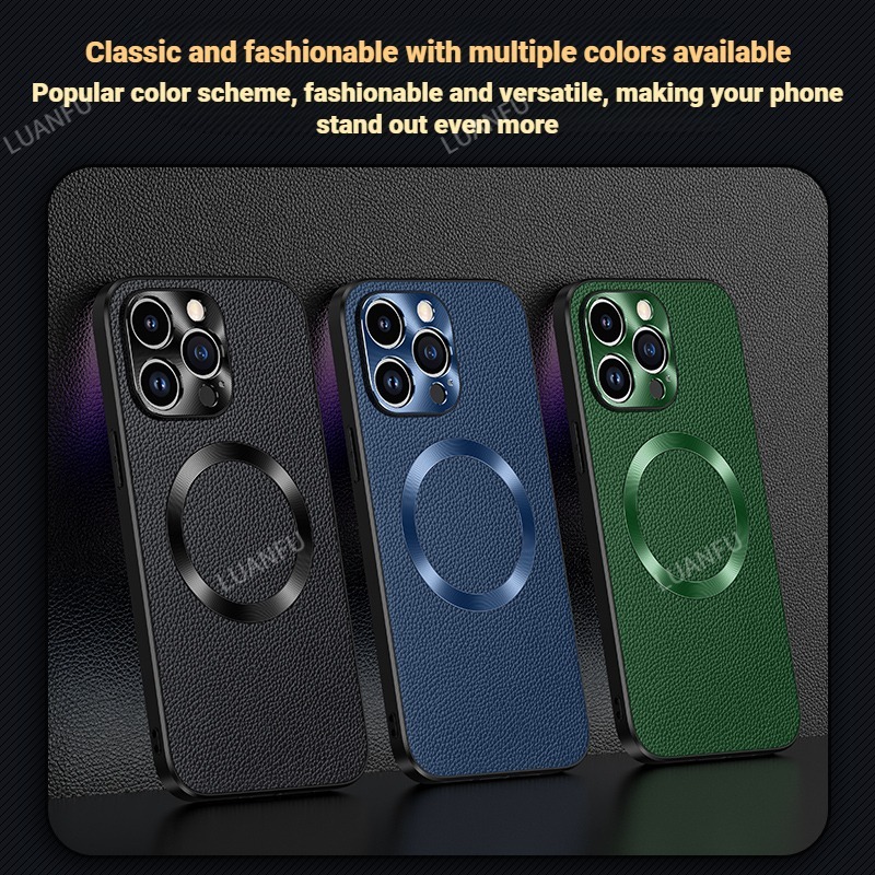 Case for iPhone 12 13 14 15 Pro Max Case Top Cowhide Wireless Charging Case for iPhone 15 Plus Metal Lens Ring Drop-Proof Shockproof Case