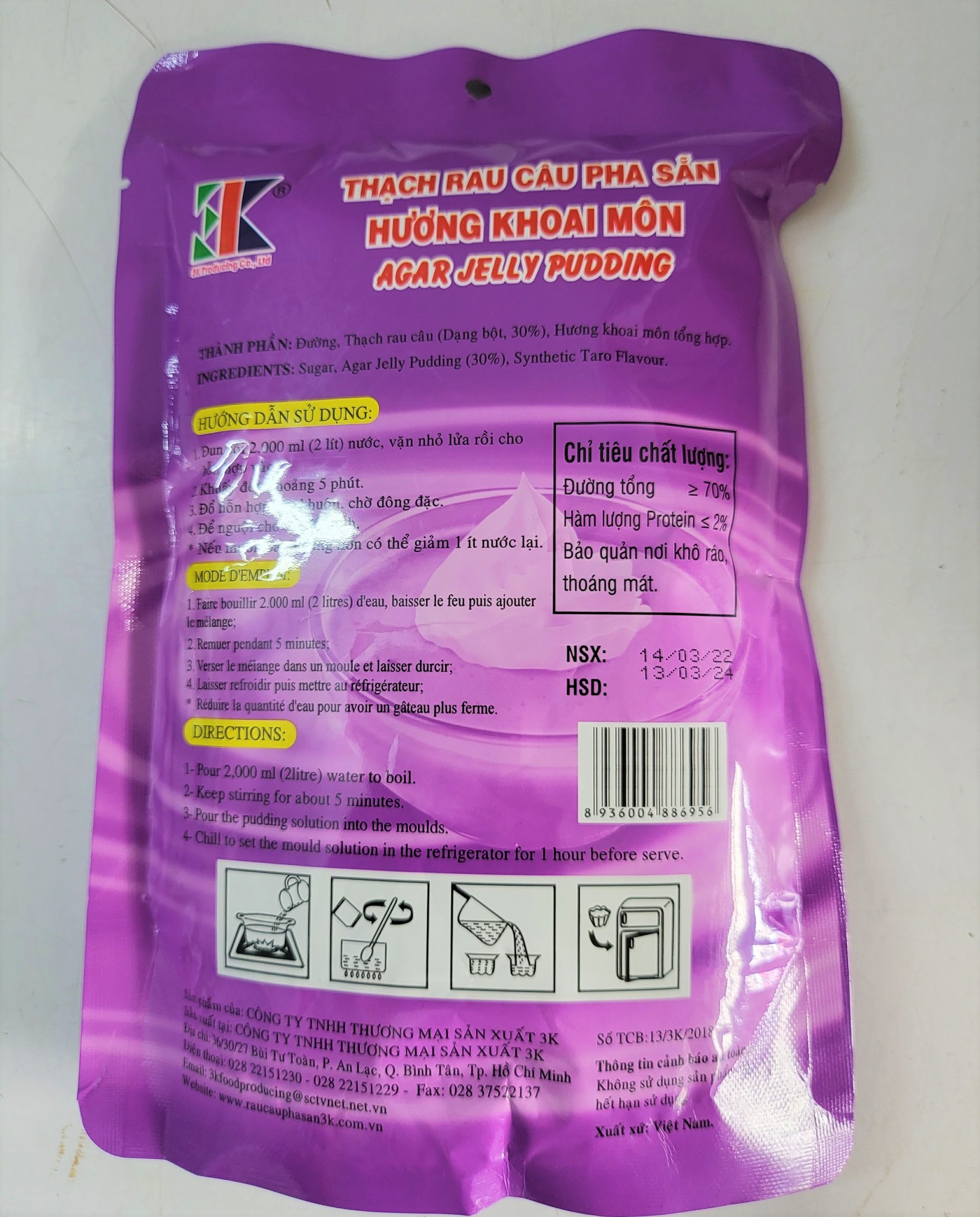 [Túi lớn 560g – KHOAI MÔN ] BỘT THẠCH RAU CÂU PHA SẴN [VN] RC3K Agar Jelly Pudding Taro Flavour