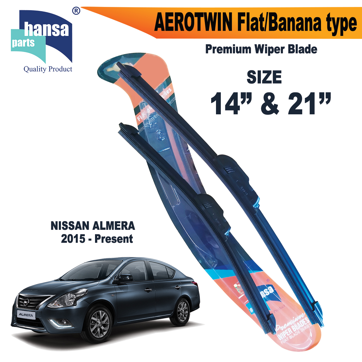 Hansa Aerotwin Flat / Banana Type Wiper Blade Set for Nissan Almera