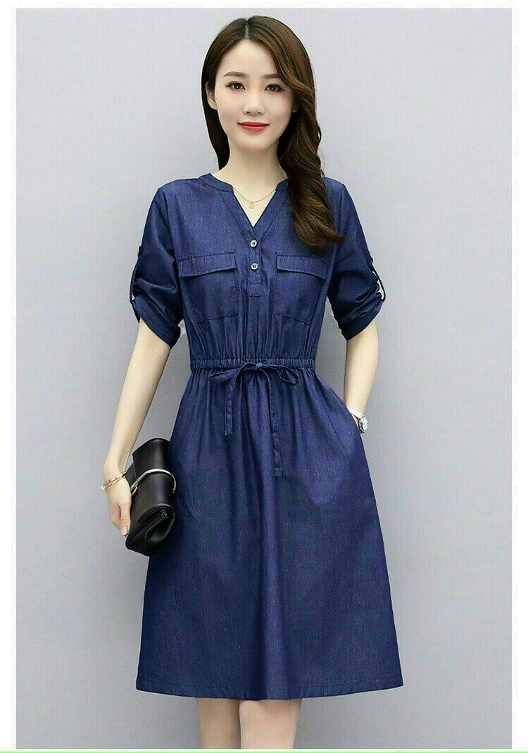 Đầm váy jean xòe dây rút eo cổ v